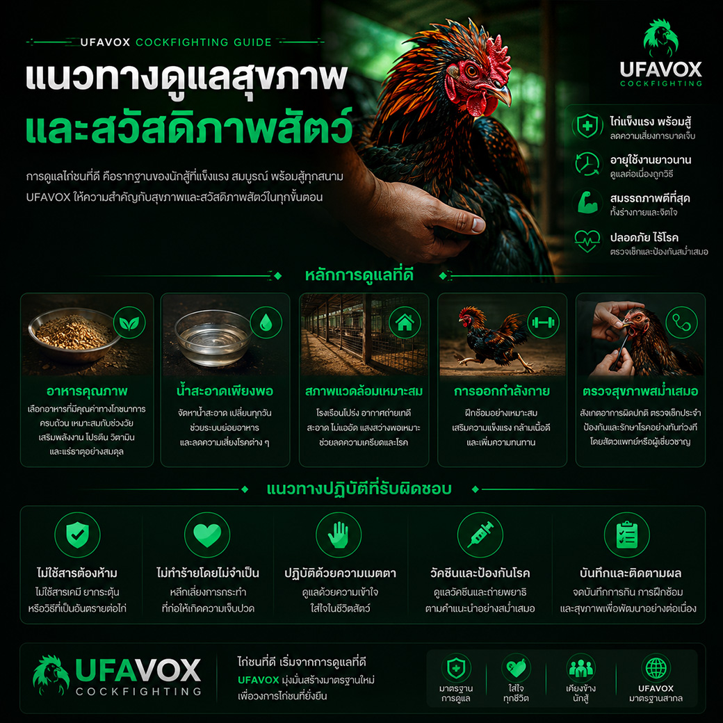 การดูแลสุขภาพไก่ชน โภชนาการ และสวัสดิภาพสัตว์