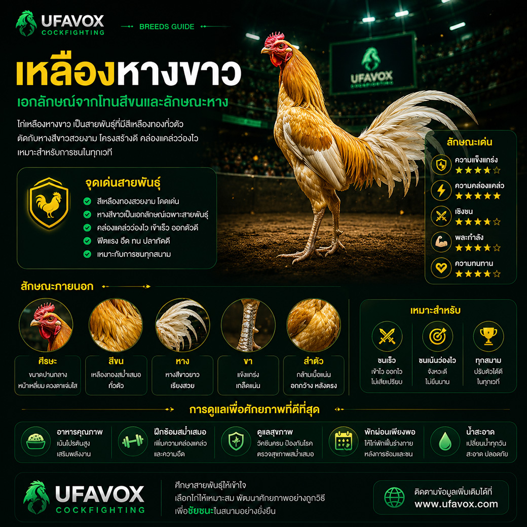 ไก่เหลืองหางขาว สายพันธุ์ไก่ชนที่มีลักษณะหางสีขาว