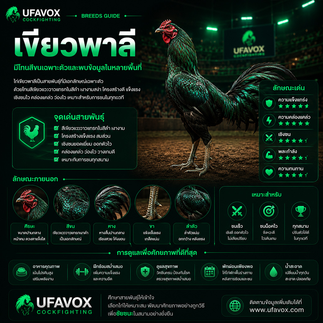 ไก่เขียวพาลี สายพันธุ์ไก่ชนที่มีสีขนและรูปลักษณ์เฉพาะตัว